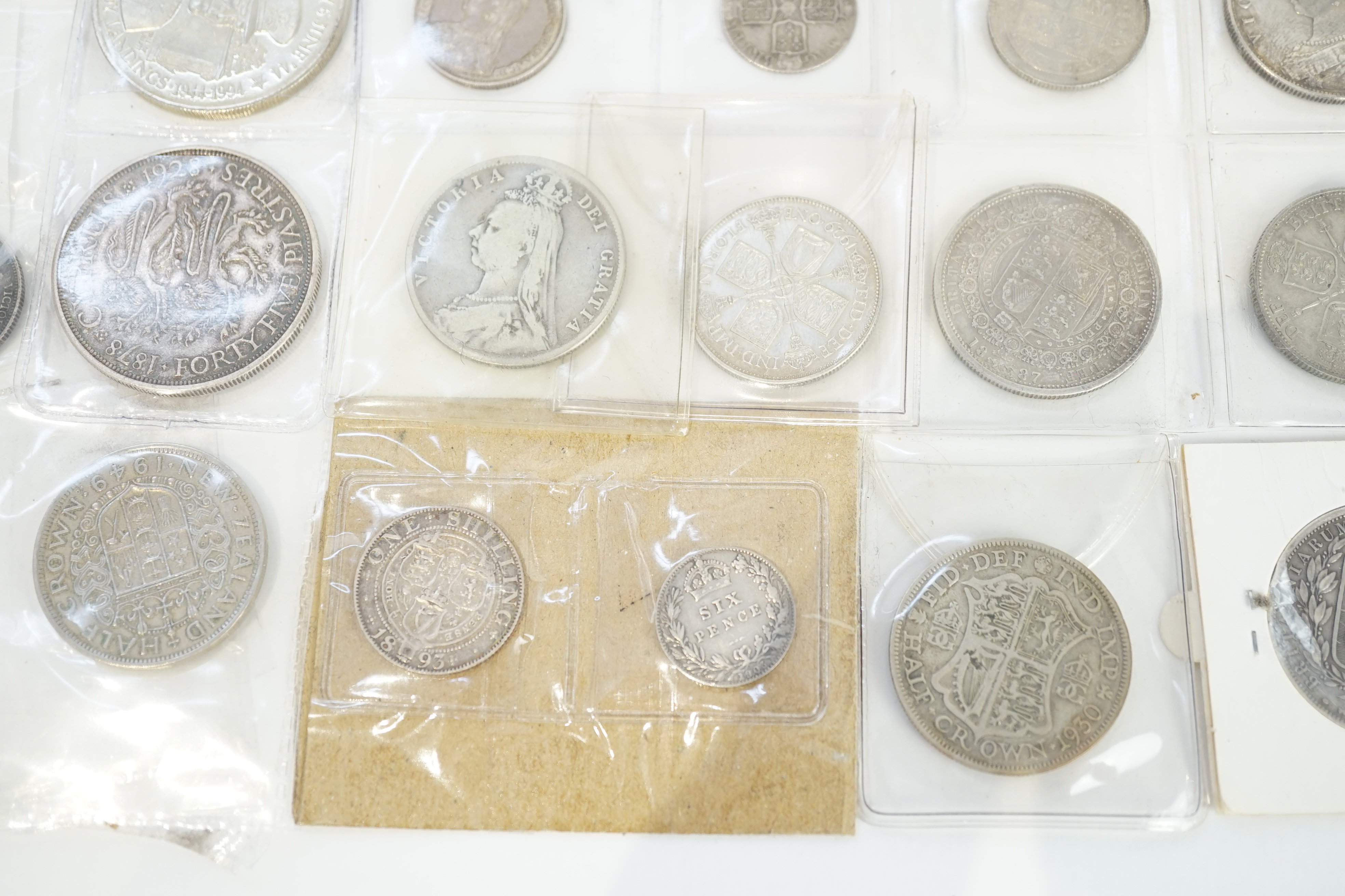 British and British crown dependency coins, 18th-20th century, to include George II shilling, 1758, fine or better, Anne sixpence, five halfcrowns, 1888, good VF, 1887, VF, 1889, 1883 and 1930, two florins, 1887, EF, 192
